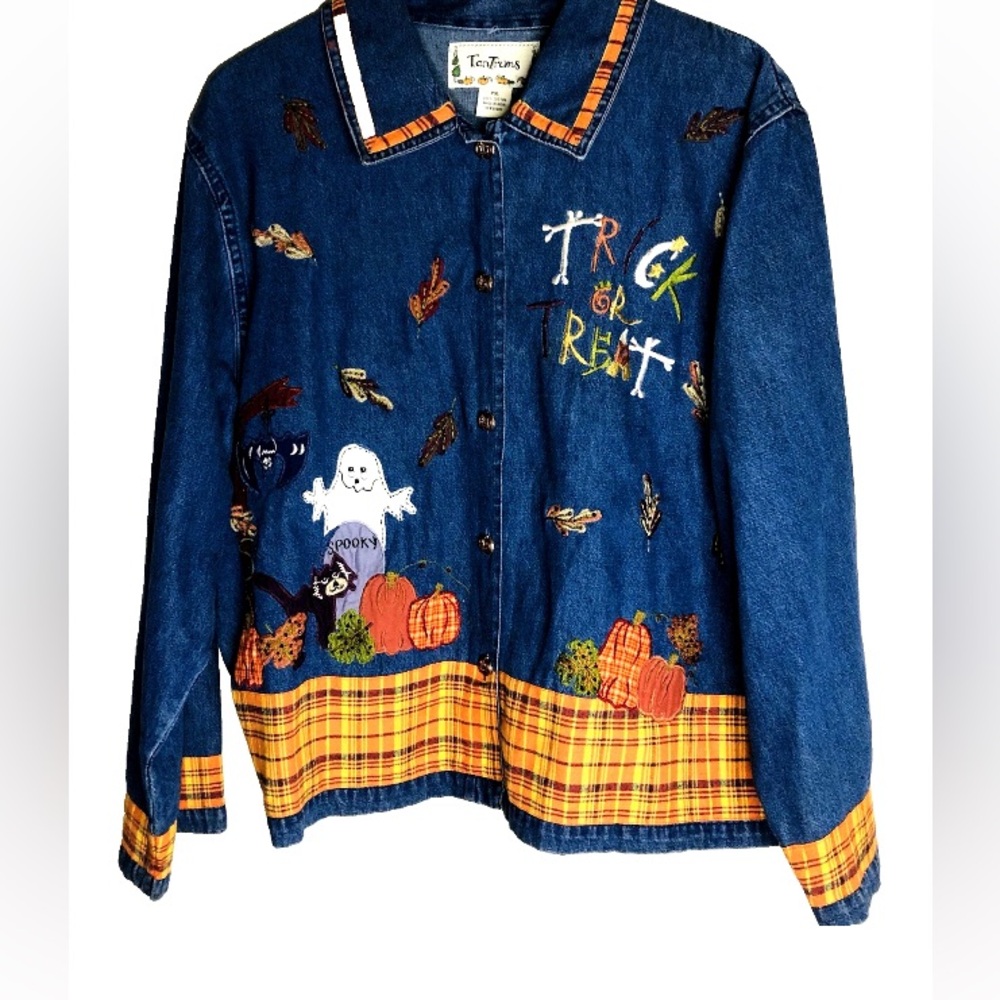 Vintage Halloween Denim Shirt Petite XL Tantrums Fall Appliqués Pumpkin Buttons